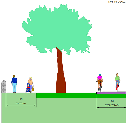 A cross-section diagram showing the proposed separate cycle path, showing the 3M footway to left and the 3M cycle track to the right, separated by a tree. 