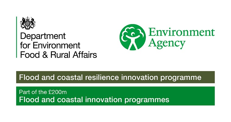 Logos for Department for Environmental Food and Rural Affairs, the Environment Agency, and a caption "Flood and coastal resilience innovation programme" and "part of the £200m Flood and coastal innovation programmes