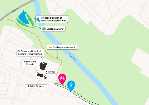 A map showing the proposed location of the flood compensation area, near to Water End. It also shows the area of existing planting and the existing embankment.