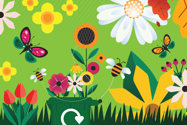 Stylized illustration of a garden waste bin surrounded by flowers with a bee flying above and a recycling symbol on the side.