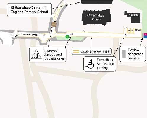 A map of the proposed design for the Jubilee Terrace area, labelling the key features: improved signage and road markings, double yellow lines, formalised blue badge parking and review of chicane barriers. 