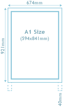 Image shows the dimensions of an A Board. The size of board is A1 with 594 millimetre width and 841 millimetre height. It also shows the margin of 674 millimetre width and 921 millimetre height, around the A1 size. The height of legs is 40 millimetre.