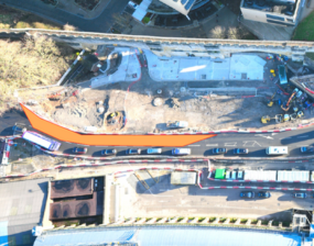 An aerial photograph of the Station Gateway construction site with the area for night works marked in orange. Credit: John Sisk & Son