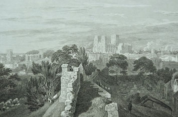 Picture (Plate XII) from 1836 showing York Cathedral, view from the Ramparts.