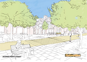 Illustration of proposed improvements to Acomb Front Street, open space with trees and walkway