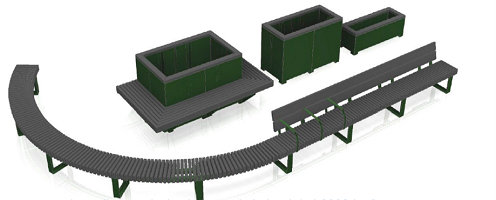 a digital mock up of a long curving bench, and green planters.