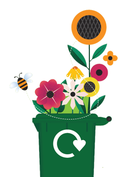 Stylised illustration of a garden waste bin full of flowers, a bee flying above, and a recycle symbol on the side.