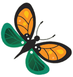 Stylized illustration of an orange and green butterfly.