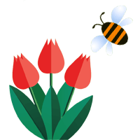 Stylised illustration of 3 tulips and a bee flying above.