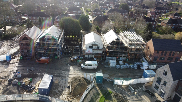 Aerial view of further progressed construction at Lowfield Green