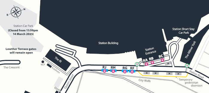 A map showing the 4 bus stops location on the city walls side of the road, the east side of the road, from 10 March 2025