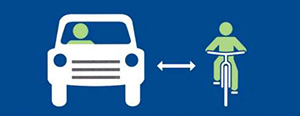 Graphic representing safe distance between icons of a car and a bicycle, separated by an arrow.