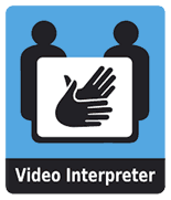 Video interpreter logo showing illustration of people and hands forming sign language.