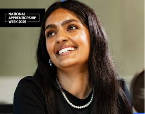 photo of smiling woman with logo for national apprenticeship week