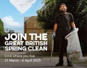 Photo of a man holding a litter bag and litter picker with text about the Great british spring clean