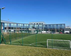 The 3g football pitches in front of the York Community Stadium on a sunny day