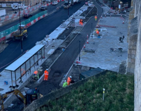 A photograph of the York Station Gateway project site showing the newly formed pavements and public areas, as well as the new bus stops.