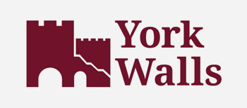 York Walls logo - a simple illustration representing the city walls with a Bootham Bar and the words York Walls next to it